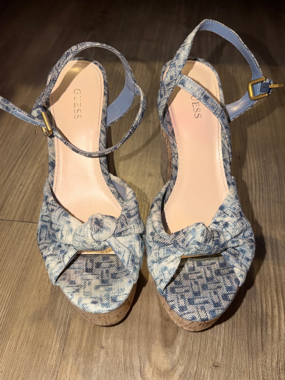 GUESS Light Blue Denim Knot Cork Wedge Sandals
